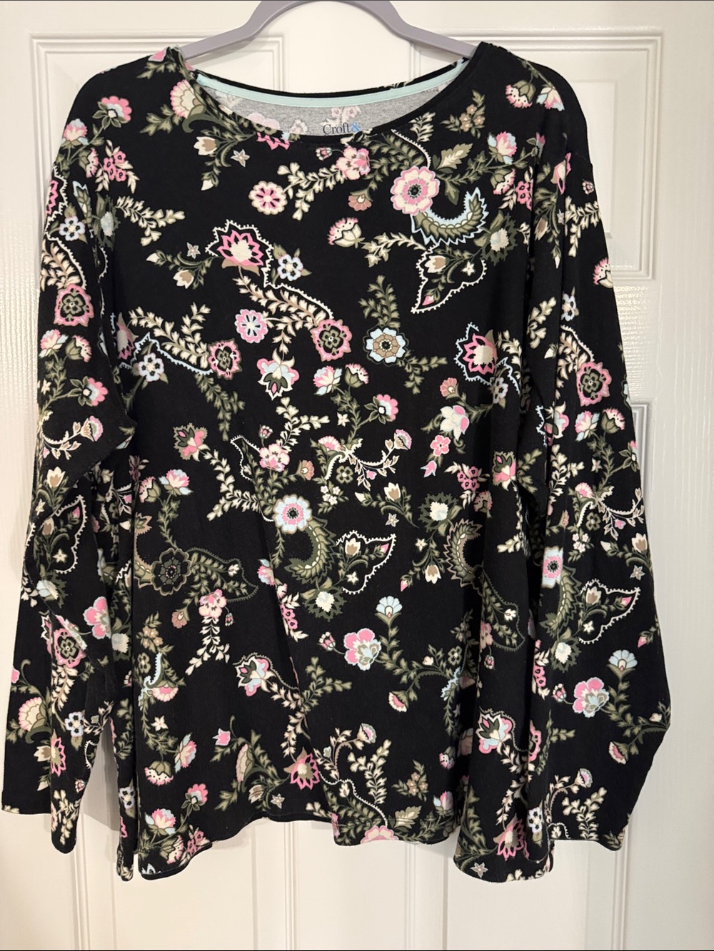 croft & barrow Black Long-Sleeve Top with Pink & Olive Floral Print